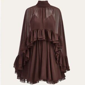 NWT Commense Semi-Sheer Chiffon Ruffle Dress with Cape – Dark Brown